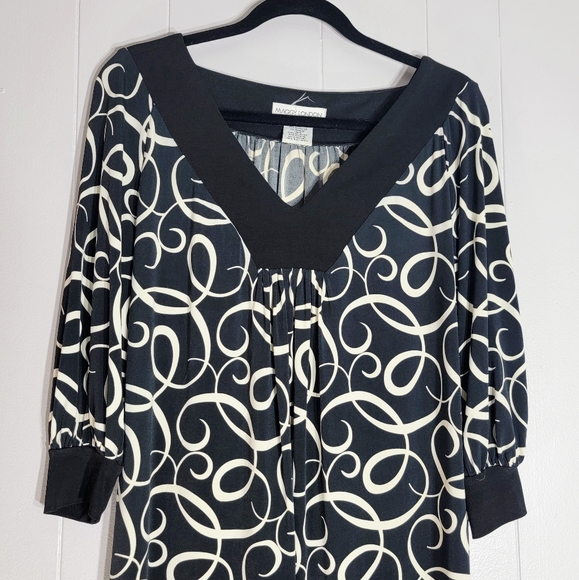 4/$20 Maggy London V-Neck Long Sleeve Cream And Black Print Mini Dress Size 6 - Picture 4 of 5